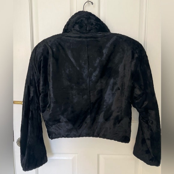 90s black faux lamb cropped jacket w shawl collar braid trim. Never worn. Sz S - Picture 3 of 7